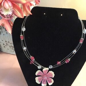 Silvertone Floating Bead Necklace w/Flower Pendant